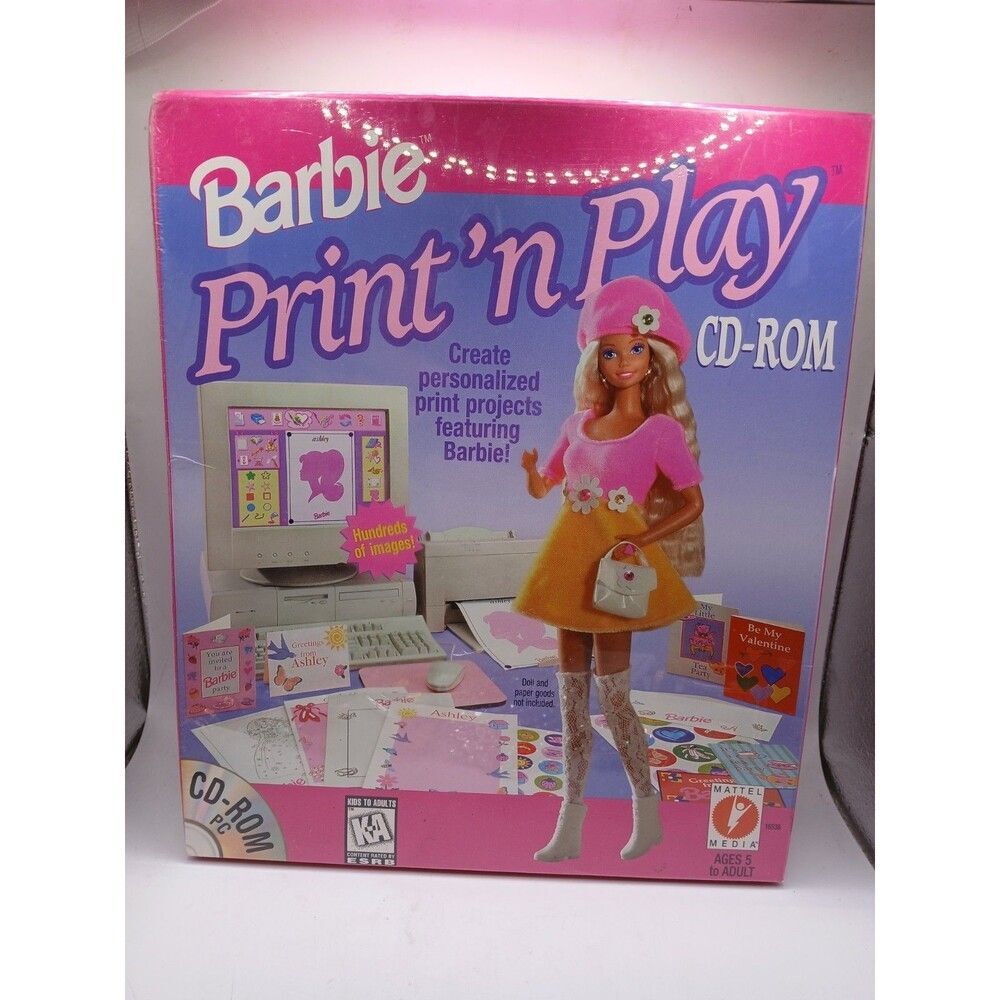 Mattel Barbie PRINT N' PLAY CD-ROM (1996) Sealed BIG Box PC Avery Computer Game